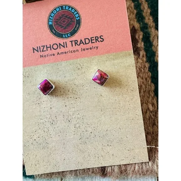 Handcrafted Sterling Silver & Pink Mojave Square Stud Earnings - Picture 4 of 6